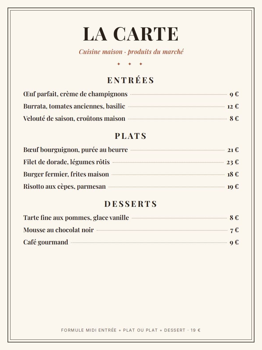 Beispiel einer gedruckten Restaurant-Speisekarte